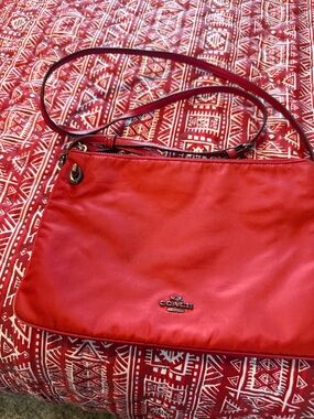 Coach Red Shoulder Crossbody Bag With 3 Compartments. Two Zip, Center is a Slide